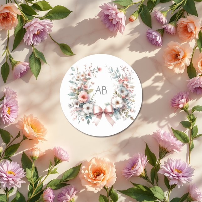 Pegatina Redonda Monograma de Baby Shower Floral con Lazo Romántico (Romantic Bow Floral Baby Shower Monogram Classic Round Sticker)