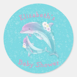 Pegatina Redonda Monograma de Baby Shower para Chica de delfines ma