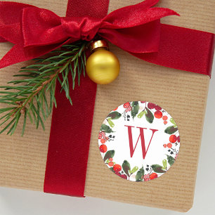 Pegatina Redonda Monograma de baya de verde navideño rojo elegante