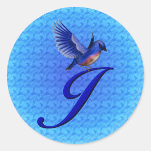 Pegatina Redonda Monograma de Bluebird Inicial J Elegante