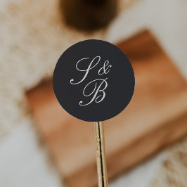 Pegatina Redonda Monograma de boda clásico en guión negro y crema