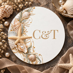 Pegatina Redonda Monograma de boda costera con conchas de champán