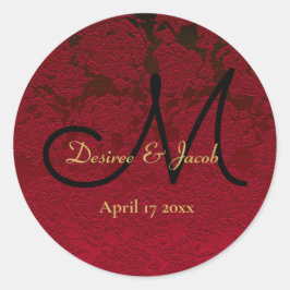 Pegatina Redonda Monograma de Boda de Invierno de Oro Rojo Negro na