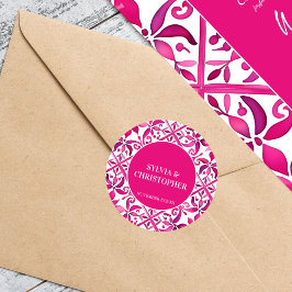 Pegatina Redonda Monograma de boda de talavera española rosa impres