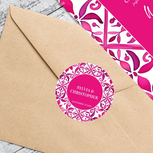 Pegatina Redonda Monograma de boda de talavera española rosa impres (Pink Spanish talavera Mexican Hacienda wedding monogram printed bride and groom names  Sticker)