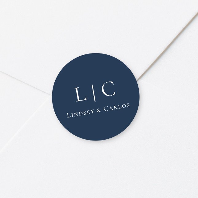 Pegatina Redonda Monograma de boda elegante azul marino (Subido por el creador)