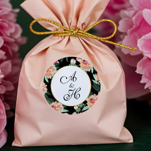 Pegatina Redonda Monograma de Boda floral de color acuático sin tie