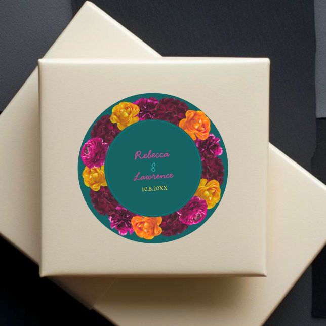 Pegatina Redonda Monograma de boda floral verde rosa amarillo moder (Subido por el creador)