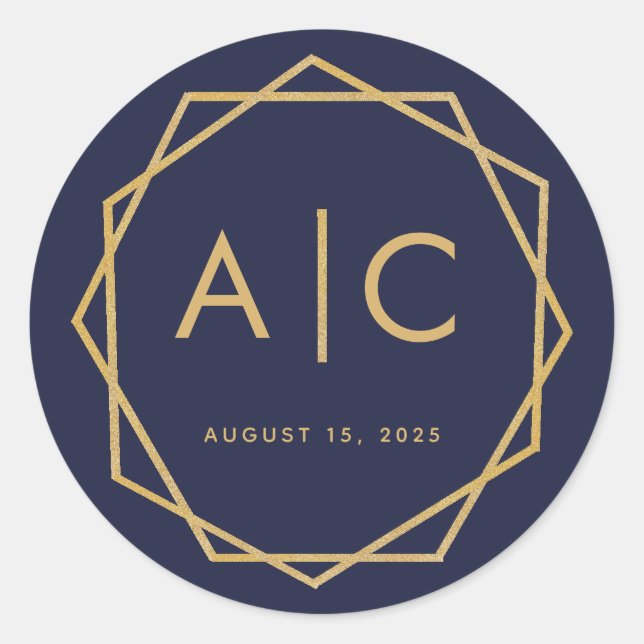 Pegatina Redonda Monograma de Boda geométrico moderno con azul mari (Anverso)