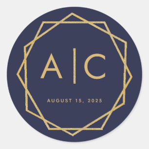 Pegatina Redonda Monograma de Boda geométrico moderno con azul mari