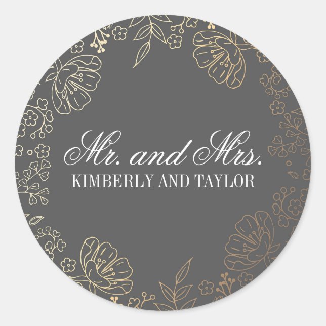 Pegatina Redonda Monograma de Boda Gris Floral Dorado (Anverso)
