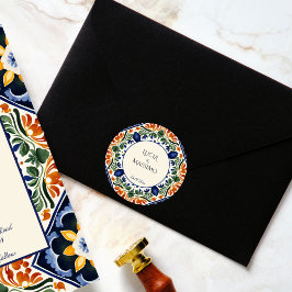Pegatina Redonda Monograma de boda mexicano de la época de Talavera