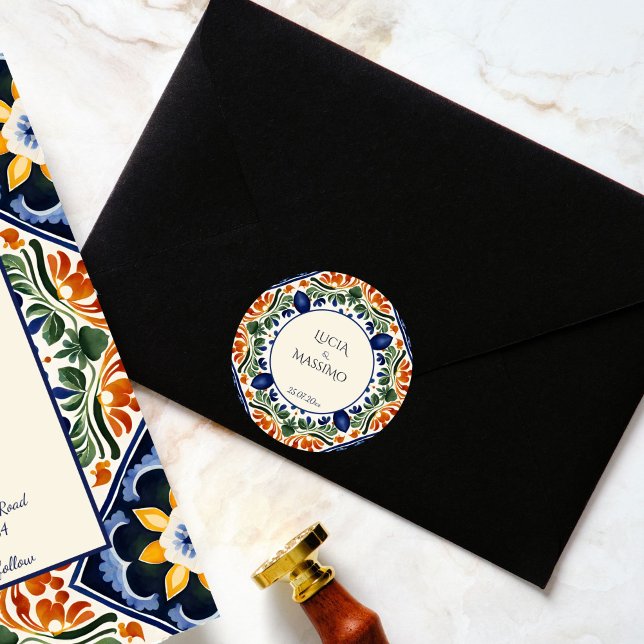Pegatina Redonda Monograma de boda mexicano de la época de Talavera (Talavera vintage Mexican wedding monogram printed  Sticker bride and groom names envelope stickers)