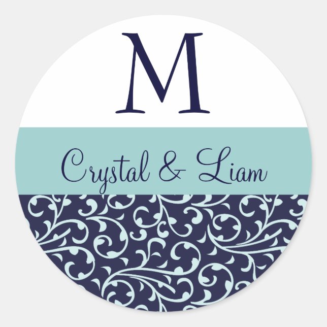 Pegatina Redonda Monograma de bodas de Damasco AZUL de MEDIANOCHE y (Anverso)