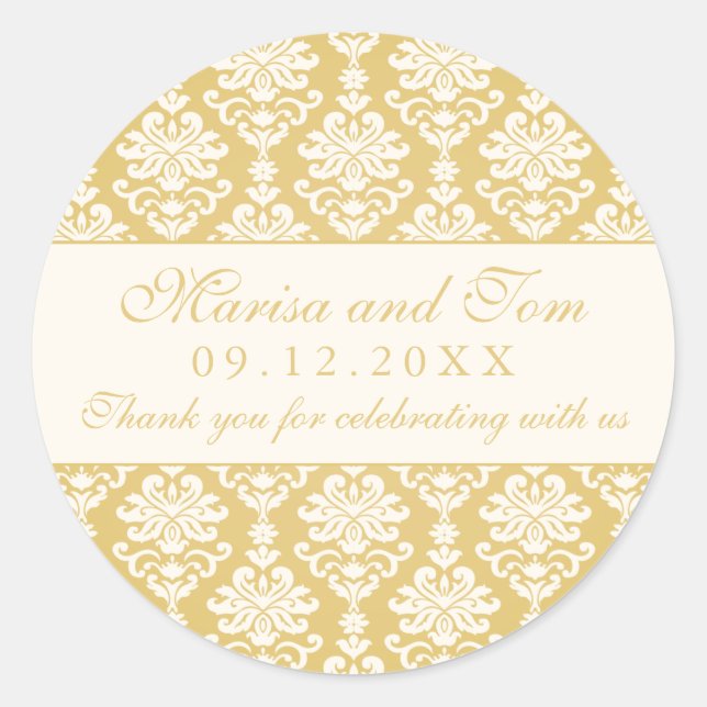 Pegatina Redonda Monograma de bodas de oro y damasco de marfil (Anverso)