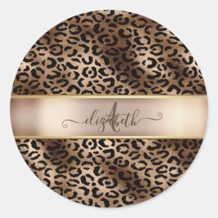 Pegatina Redonda Monograma de Bronce Negro con Estampado de Leopard