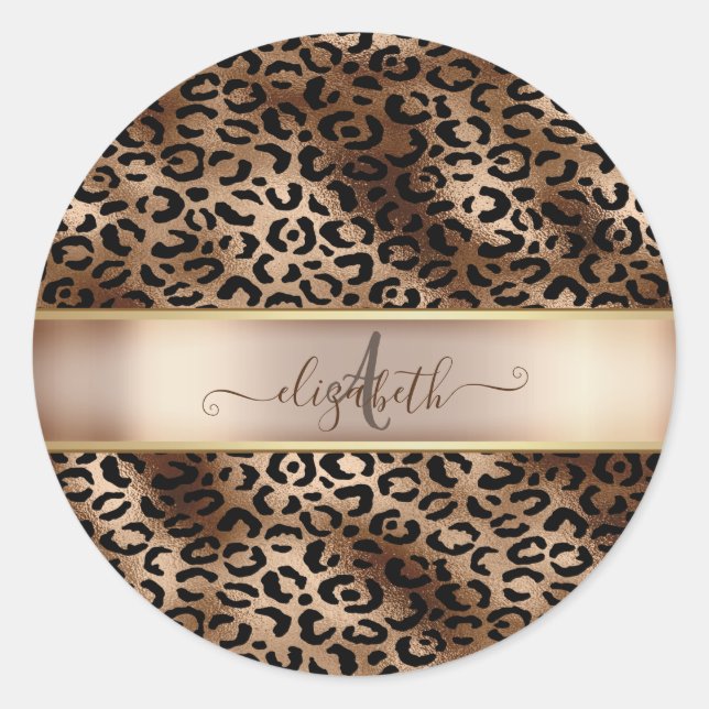 Pegatina Redonda Monograma de Bronce Negro con Estampado de Leopard (Anverso)