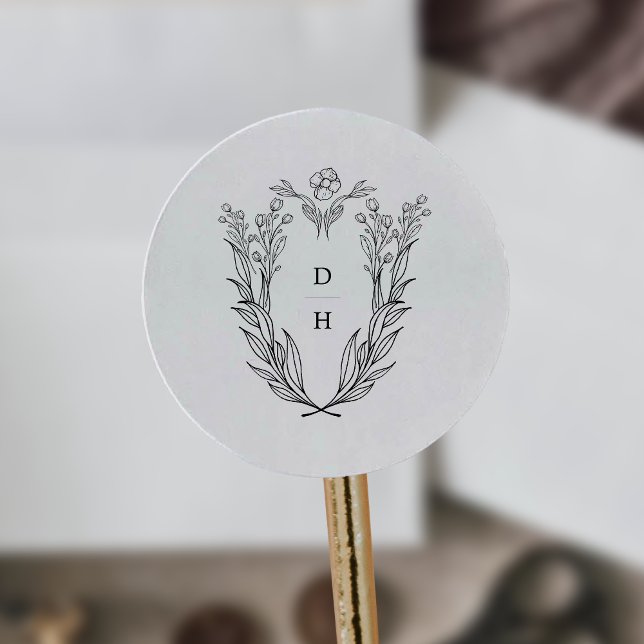 Pegatina Redonda Monograma de casamiento blanco blanco simple DAPHN (DAPHNE Simple Black White Vintage Wedding Monogram Classic Round Sticker)