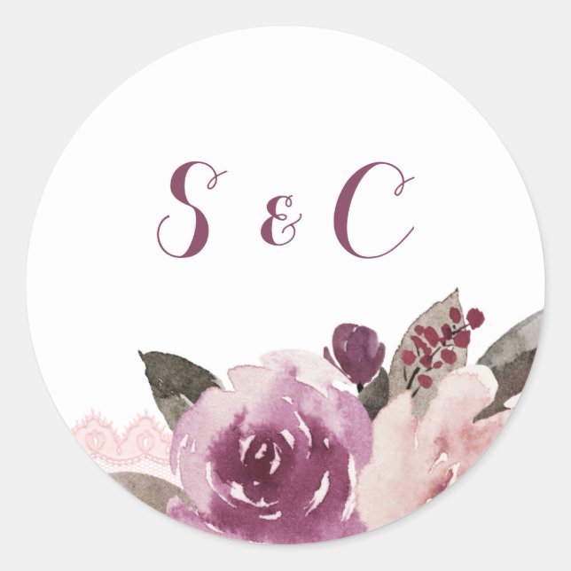 Pegatina Redonda Monograma de casamiento floral de acuarela rusa (Anverso)