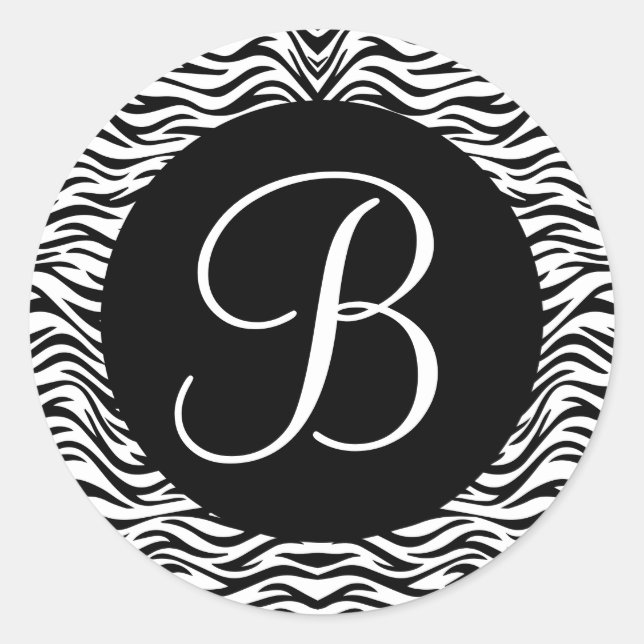 Pegatina Redonda Monograma de cebra blanca y negra V02 (Anverso)