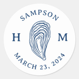 Pegatina Redonda Monograma de concha de ostra náutica con fecha de 