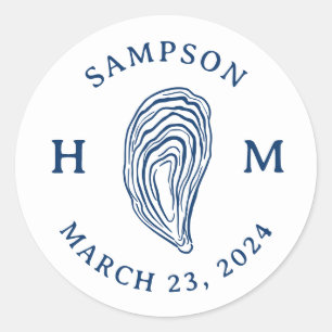 Pegatina Redonda Monograma de concha de ostra náutica con fecha de 