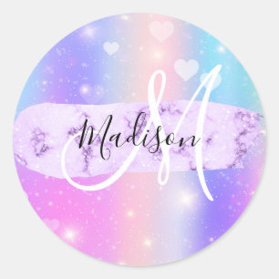 Pegatina Redonda Monograma de corazones de arcoiris unicorniano ale
