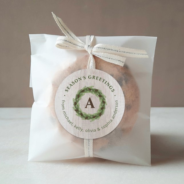 Pegatina Redonda Monograma de Corona de Pino Feliz Navidad (Subido por el creador)