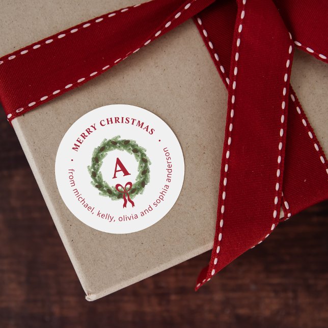 Pegatina Redonda Monograma de Corona de Pino Feliz Navidad (Subido por el creador)