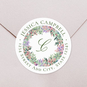 Pegatina Redonda Monograma de Corona Floral Lujuriosa de Dirección 