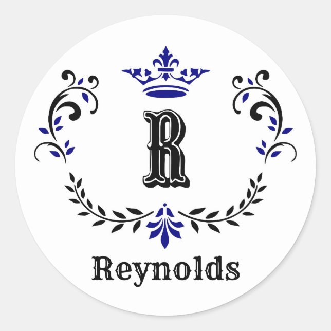 Pegatina Redonda Monograma de corona 'R' personalizado (Anverso)