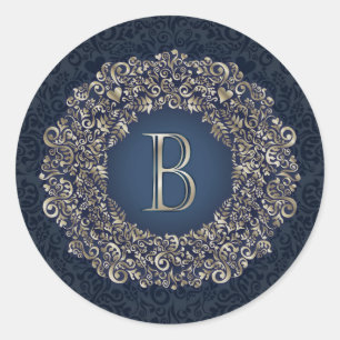 Pegatina Redonda Monograma de Damasco Dorado Azul Letra B Elegante 