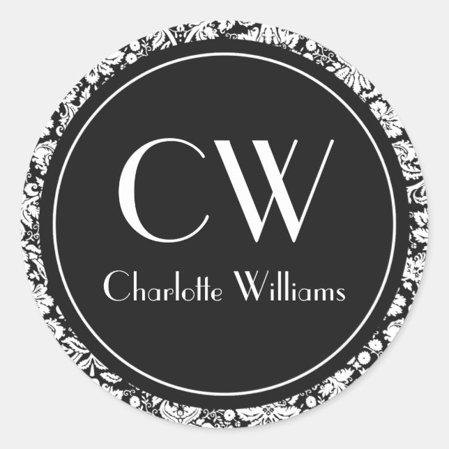 Pegatina Redonda Monograma de damasco negro (Anverso)