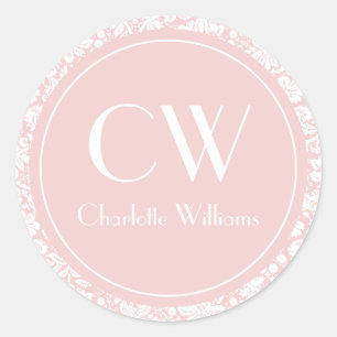 Pegatina Redonda Monograma de damasco rosa claro