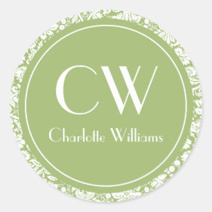 Pegatina Redonda Monograma de Damasco Verde Sage