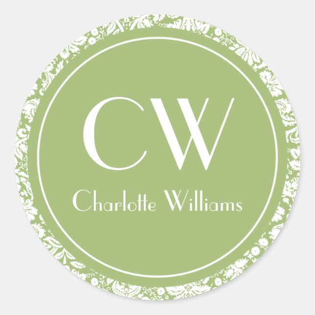 Pegatina Redonda Monograma de Damasco Verde Sage (Anverso)