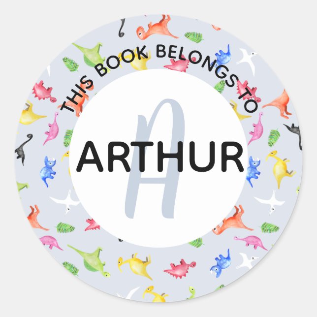 Pegatina Redonda Monograma de dinosaurio para niños y placa de iden (Anverso)