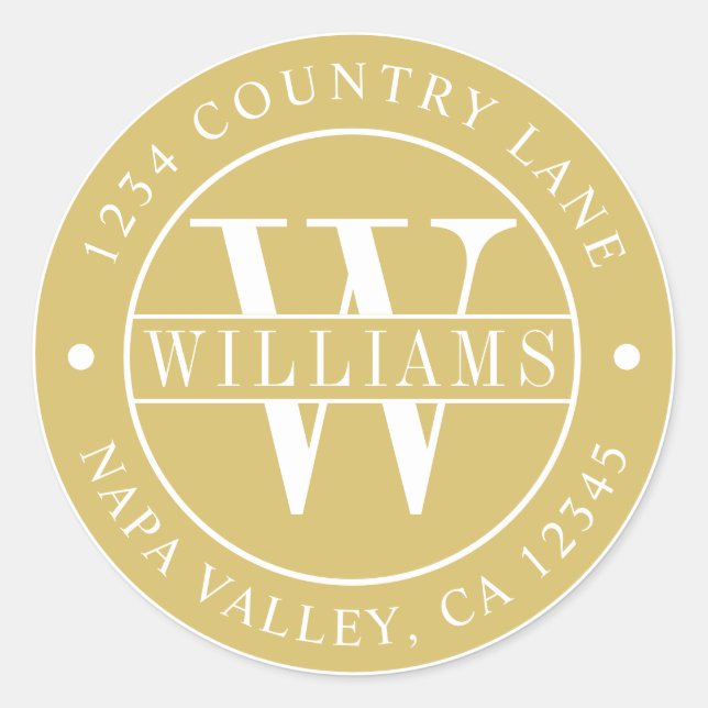 Pegatina Redonda Monograma de dirección de devolución elegante dora (Anverso)