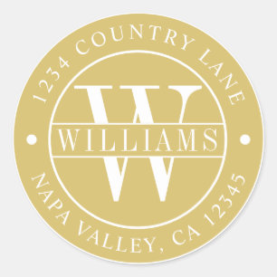 Pegatina Redonda Monograma de dirección de devolución elegante dora