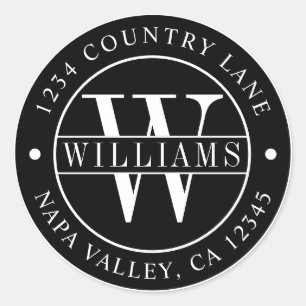 Pegatina Redonda Monograma de dirección de devolución elegante negr