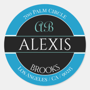 Pegatina Redonda Monograma de dirección de nombre DIY, azul cielo,