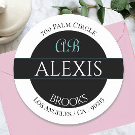 Pegatina Redonda Monograma de dirección de nombre DIY, blanco negro