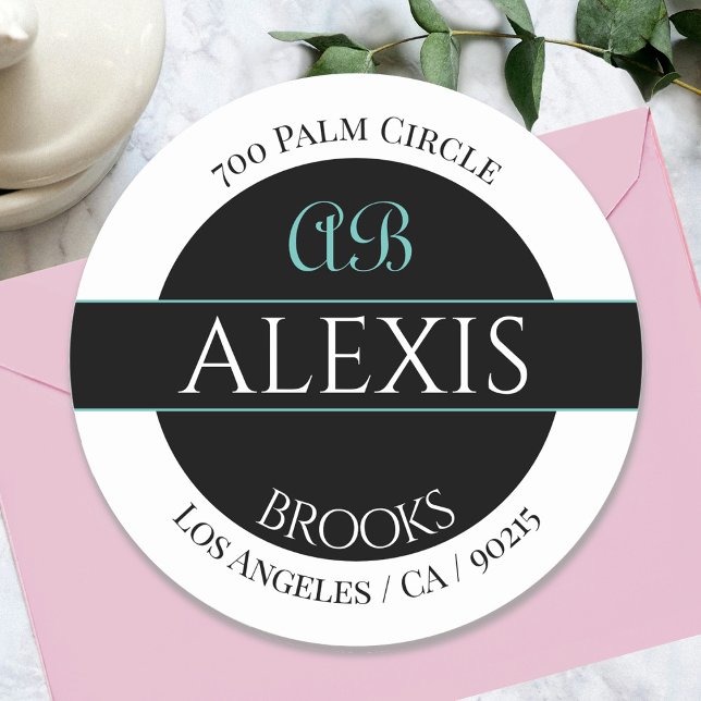 Pegatina Redonda Monograma de dirección de nombre DIY, blanco negro (Subido por el creador)