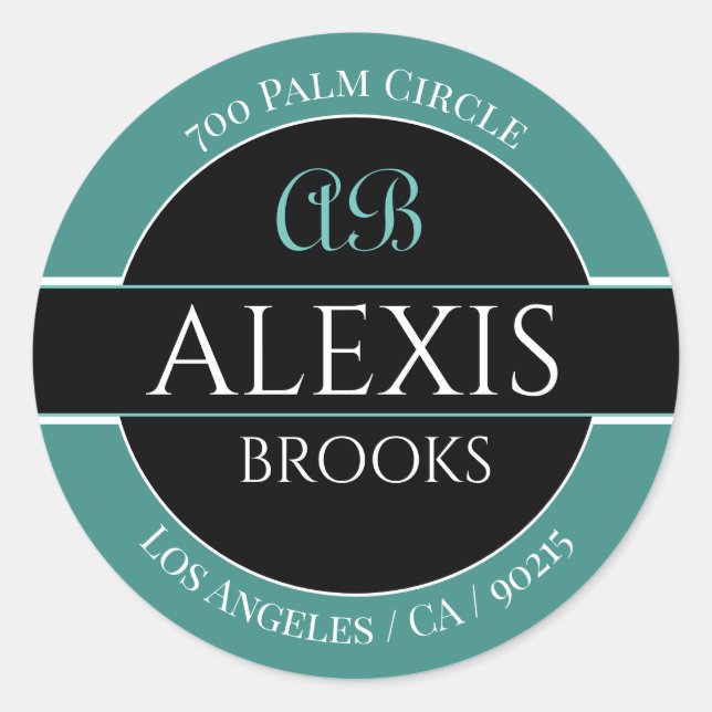 Pegatina Redonda Monograma de dirección de nombre DIY, negro y blan (Anverso)