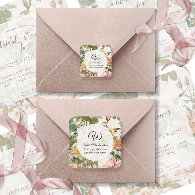 Pegatina Redonda Monograma de dirección de retorno floral de rosa v (Subido por el creador)