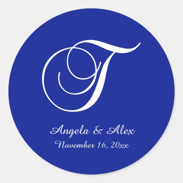 Pegatina Redonda Monograma de escritura azul blanco y real T (Anverso)