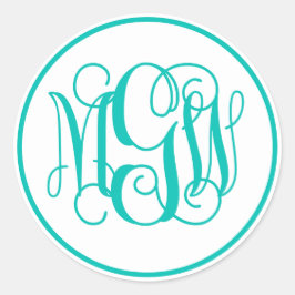 Pegatina Redonda Monograma de escritura de vid Verde azulada blanca