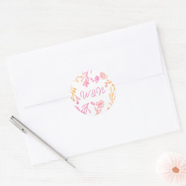 Pegatina Redonda Monograma de escritura floral simple Naranja rosa