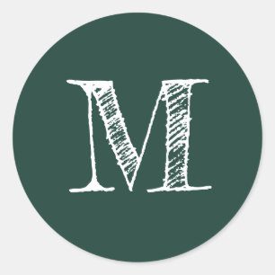 Pegatina Redonda Monograma de escritura moderna Verde oscuro inicia