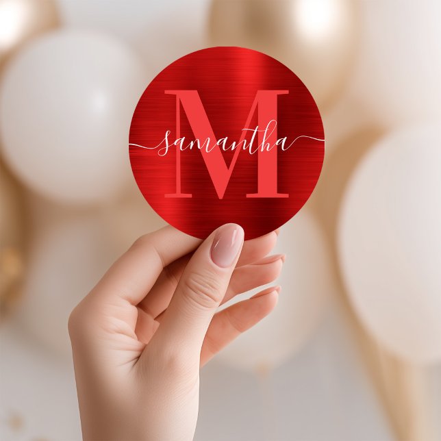 Pegatina Redonda Monograma de firma con hoja roja (Signature Monogram Red Foil Classic Round Sticker)